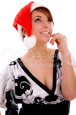 front view of cheerful woman in christmas hat