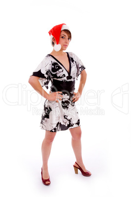 full body pose of fashionable woman in christmas hat