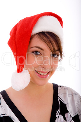 front view of smiling woman in christmas hat