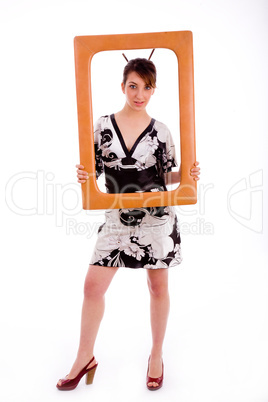 full body pose of woman in kimono holding a frame