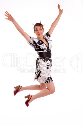 full body pose of Japanese woman jumping high