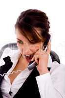 front view of angry young businesswoman on call