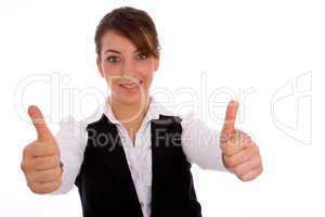 portrait of businesswoman with thumbs up