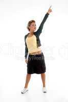 standing attractive woman pointing upward