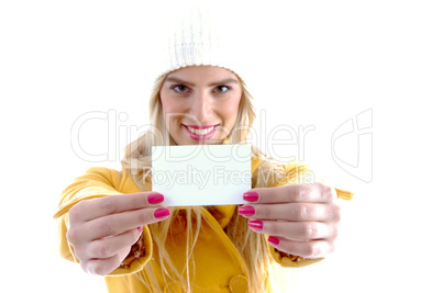 front view of woman showing business card