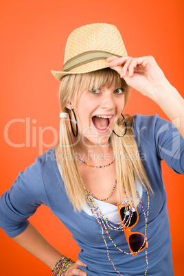 Crazy blond girl wear hat shouting
