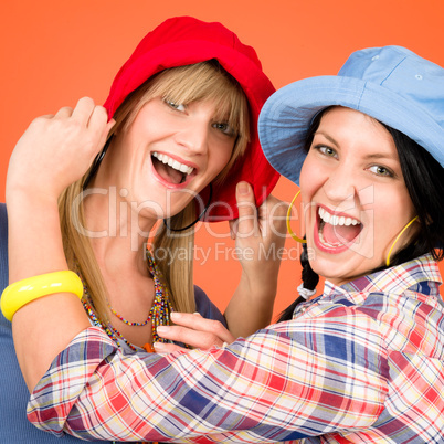 Two young friends woman funny outfit
