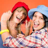 Two young friends woman funny outfit