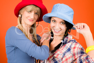 Two young friends woman funny outfit