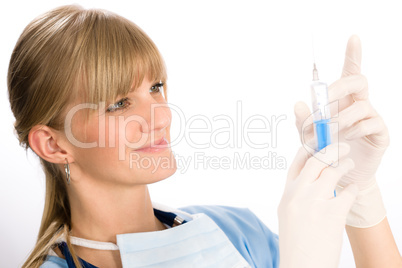 Young medical nurse doctor female hold injection