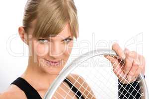 Tennis player woman young smiling hold racket