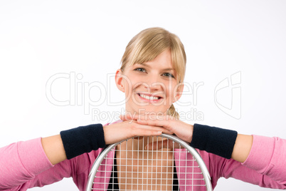 Tennis player woman young smiling leaning racket