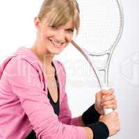 Tennis player woman young smiling serve racket