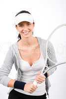 Tennis player woman young smiling serve racket