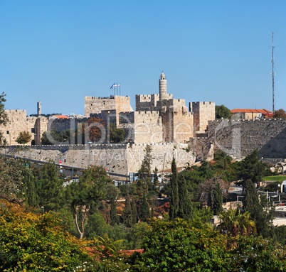 Ancient citadel and Tower of David in Jerusalem seen from Mishkenot Shaananim neighborhood