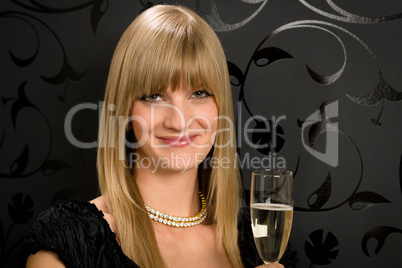 Glamorous blond woman party dress drink champagne