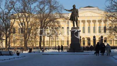 St Petersburg, The Russian Museum and The Pushkin monument in winter