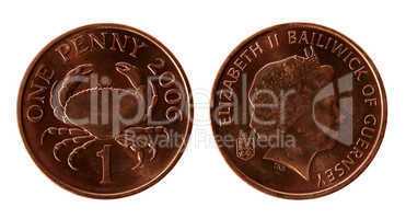 Old Guernsey 1 Penny coins on the white background (2006 year)
