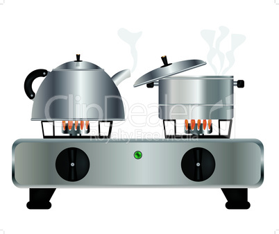 Teapot and saucepan on gas lash