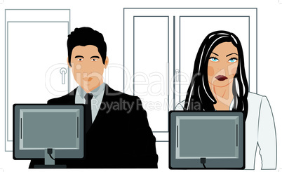 Man and woman sit for computer in office