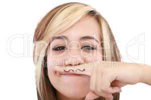 Attractive girl with mustache, using her finger