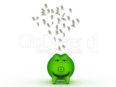 White piggy bank and US dollars on