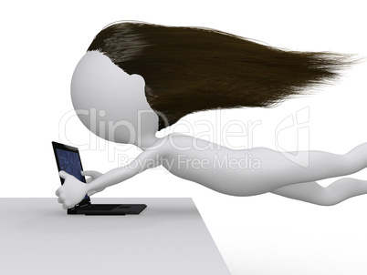 High speed internet concept, woman flying holding her laptop