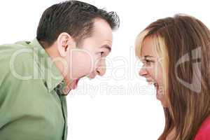 Portrait of a man and woman yelling at each other against white