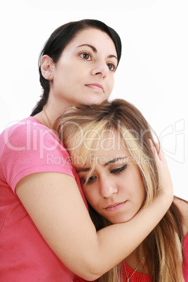 Sadness woman in friends arms, isolated on white