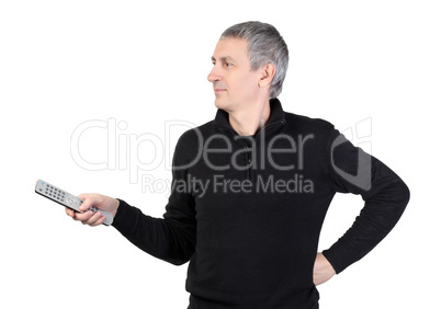 man changing channel with a remote control
