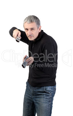 man changing channel with a remote control