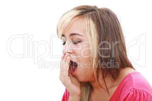Yawning tired woman, caucasian model isolated on white backgroun