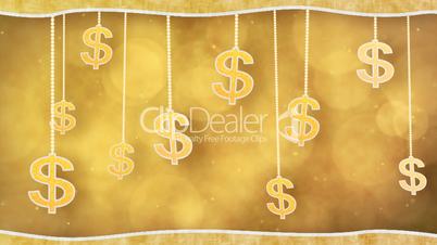 orange dollar signs dangling on strings loop background