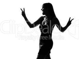 stylish silhouette woman laughing peace victory gesture