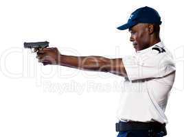 Male policeman  officer shooting aiming gun