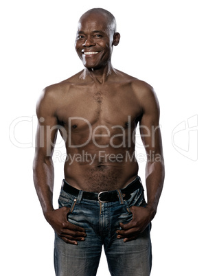 Happy shirtless fit Afro American mature man