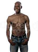 Happy shirtless fit Afro American mature man
