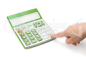 calculator and hand isolated on a white background