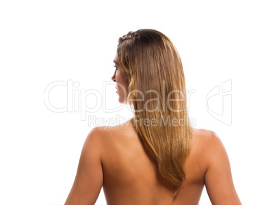 rear view topless blond hair woman portrait