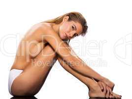 beautiful topless caucasian woman sitting full length
