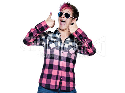 Excited woman showing thumbs up sign