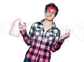 Unhappy woman with detergent