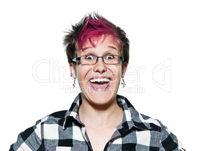 Woman laughing with eyes wide open