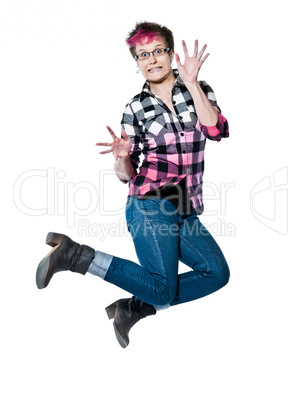 Portrait of nervous woman jumping