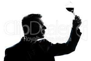 silhouette man tasting  looking at his glass of red wine