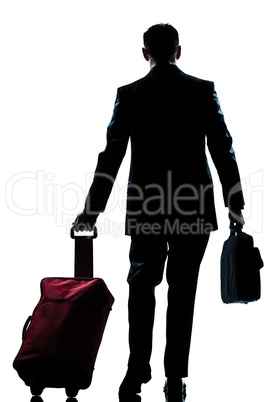 business traveler man walking with suitcase  rear view
