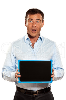 one surprised man holding a blackboard copy space message