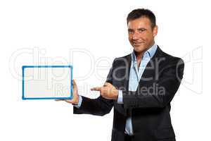 one business man holding showing whiteboard