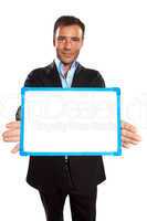 one business man holding showing whiteboard