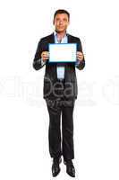 one business man jumping holding showing whiteboard